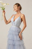 Dusty Blue A-Line Spaghetti Straps Tiered Long Tulle Maxi Dress