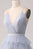 Dusty Blue A-Line Spaghetti Straps Tiered Floor Length Tulle Prom Dress