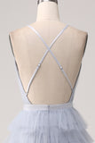 Dusty Blue A-Line Spaghetti Straps Tiered Floor Length Tulle Prom Dress