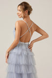 Dusty Blue A-Line Spaghetti Straps Tiered Long Tulle Maxi Dress