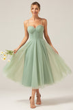 A-Line Spaghetti Straps Tea-Length Corset Tulle Matcha Bridesmaid Dress