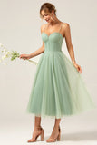 A-Line Spaghetti Straps Tea-Length Corset Tulle Matcha Bridesmaid Dress