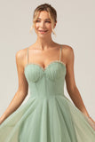 A-Line Spaghetti Straps Tea-Length Corset Tulle Matcha Bridesmaid Dress