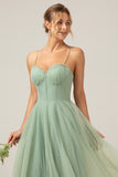 A-Line Spaghetti Straps Tea-Length Corset Tulle Matcha Bridesmaid Dress