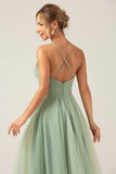 A-Line Spaghetti Straps Tea-Length Corset Tulle Matcha Bridesmaid Dress