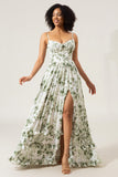 A-Line Spaghetti Straps Printed Long  Green Prom Dress With Slit