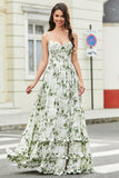 Green A-Line Spaghetti Straps Printed Bridesmaid Dress With Slit
