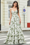 Green A-Line Spaghetti Straps Printed Bridesmaid Dress With Slit