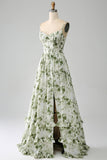 Green A-Line Spaghetti Straps Printed Floor Length Dress With Slit