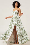 A-Line Spaghetti Straps Printed Long  Green Prom Dress With Slit