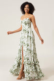 A-Line Spaghetti Straps Printed Long  Green Prom Dress With Slit