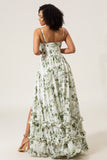 A-Line Spaghetti Straps Printed Long  Green Prom Dress With Slit