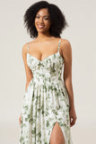 A-Line Spaghetti Straps Printed Long Green Bridesmaid Dress With Slit
