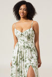 A-Line Spaghetti Straps Printed Long  Green Prom Dress With Slit