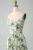 Green A-Line Spaghetti Straps Printed Floor Length Dress With Slit