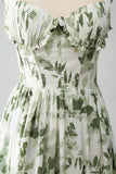 Green A-Line Spaghetti Straps Printed Long Prom Dress With Slit