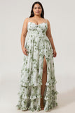 A-Line Spaghetti Straps Printed Long Green Plus Size Bridesmaid Dress With Slit
