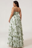 A-Line Spaghetti Straps Printed Long Green Plus Size Bridesmaid Dress With Slit