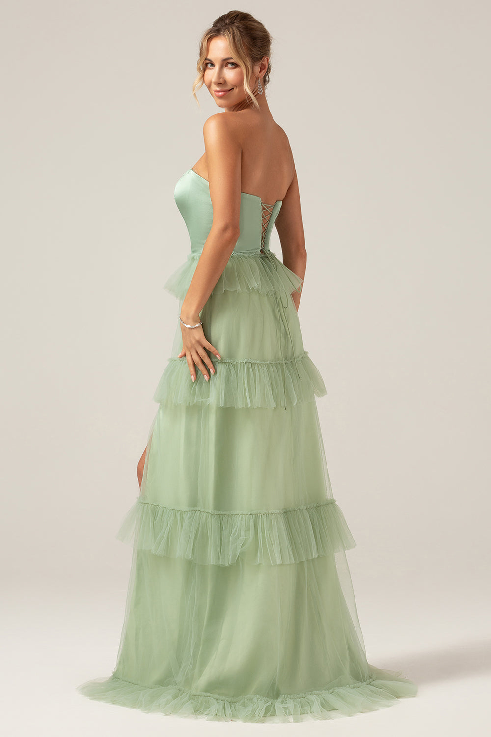 Wedtrend Women Matcha Bridesmaid Dress With Slit A-Line Tiered Strapless Long Wedding Party Dress, Matcha / US12