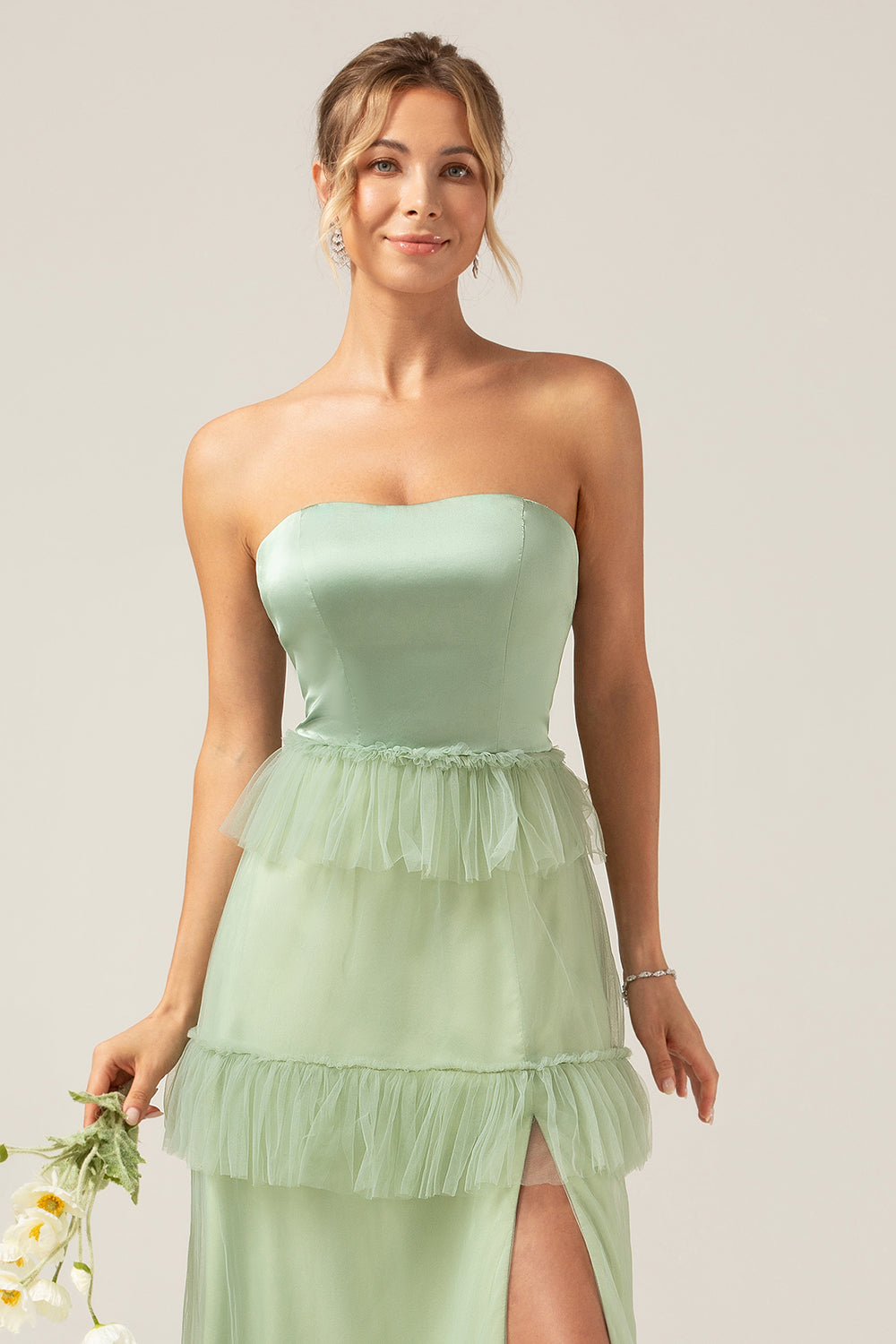 Wedtrend Women Matcha Bridesmaid Dress With Slit A-Line Tiered Strapless Long Wedding Party Dress, Matcha / US12