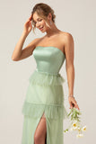 Matcha A-Line Tiered Strapless Tiered Long Bridesmaid Dress With Slit