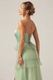 Matcha A-Line Tiered Strapless Tiered Long Bridesmaid Dress With Slit