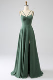 Eucalyptus A-Line Spaghetti Straps Pleated Chiffon Bridesmaid Dress With Slit