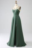 Eucalyptus A-Line Spaghetti Straps Pleated Chiffon Bridesmaid Dress With Slit