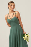 A-Line Spaghetti Straps Pleated Chiffon Eucalyptus Bridesmaid Dress With Slit