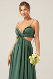 A-Line Spaghetti Straps Backless Chiffon Eucalyptus Long Bridesmaid Dress