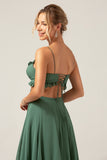 A-Line Spaghetti Straps Backless Chiffon Eucalyptus Long Bridesmaid Dress