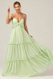 A-Line Spaghetti Straps Backless Long Green Bridesmaid Dress With Ruffles