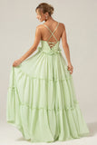 Light Green A-Line Spaghetti Straps Backless Long Bridesmaid Dress With Ruffles