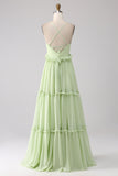 Light Green A-Line Spaghetti Straps Backless Long Bridesmaid Dress With Ruffles