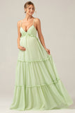 A-Line Spaghetti Straps Backless Long Green Bridesmaid Dress With Ruffles