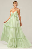 A-Line Spaghetti Straps Backless Long Green Bridesmaid Dress With Ruffles