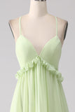 Light Green A-Line Spaghetti Straps Backless Long Bridesmaid Dress With Ruffles