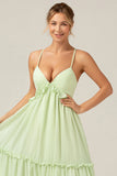 A-Line Spaghetti Straps Backless Long Green Bridesmaid Dress With Ruffles