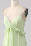 Light Green A-Line Spaghetti Straps Backless Long Bridesmaid Dress With Ruffles