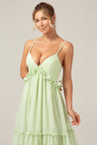 A-Line Spaghetti Straps Backless Long Green Bridesmaid Dress With Ruffles