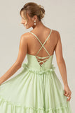 A-Line Spaghetti Straps Backless Long Green Bridesmaid Dress With Ruffles