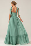 A-Line Spaghetti Straps Pleated Floor Length Eucalyptus Bridesmaid Dress