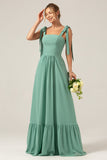 A-Line Spaghetti Straps Pleated Floor Length Eucalyptus Bridesmaid Dress