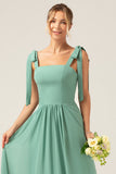 A-Line Spaghetti Straps Pleated Floor Length Eucalyptus Bridesmaid Dress