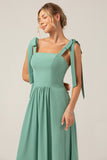 A-Line Spaghetti Straps Pleated Floor Length Eucalyptus Bridesmaid Dress