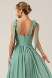 A-Line Spaghetti Straps Pleated Floor Length Eucalyptus Bridesmaid Dress