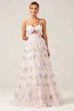 Lavender Flower A-Line Spaghetti Straps Cut Out Pleated Tiered Maxi Dress