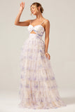 Lavender Flower A-Line Spaghetti Straps Cut Out Pleated Tiered Maxi Dress