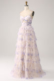 Lavender Flower A-Line Spaghetti Straps Cut Out Pleated Tiered Long Prom Dress