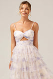 Lavender Flower A-Line Spaghetti Straps Cut Out Pleated Tiered Maxi Dress